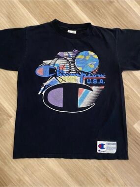 Vintage 90s Champion Shirt Mens Medium Black Graphic Big Logo Single Stitch USA